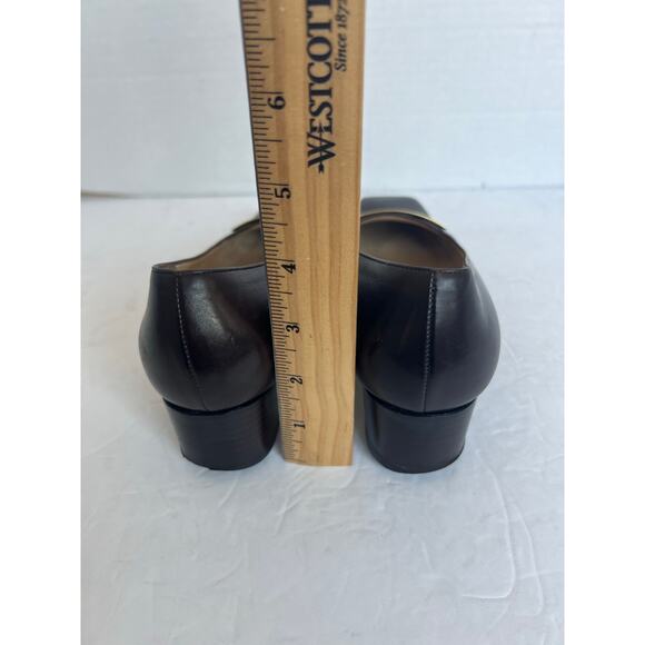 Vintage Gucci Brown Leather Square Toe Gold Plate  Block Low Heel Pumps 6C Wide - Picture 8 of 12